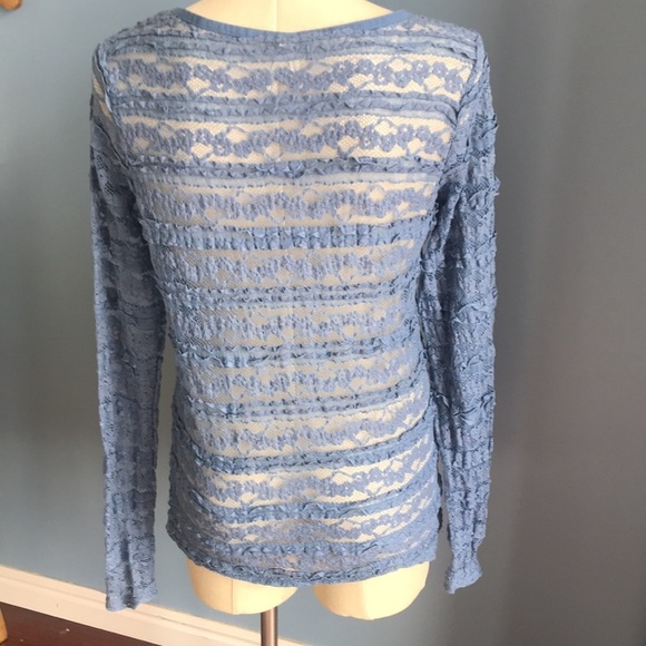 Roper, blue lace, crew neck, long sleeves top, size M western country cowgirl - Picture 3 of 8